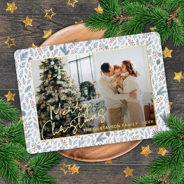 Chic Seasonal Greetings On Holly Berries Gold Foil Holiday Card (Creator Uploaded)