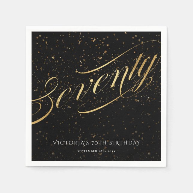 Chic Seventy 70th Confetti Calligraphy Gold Black Napkin (Front)