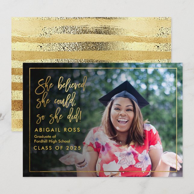 Chic She believed Gold Script Quote Graduation Invitation (Front/Back)