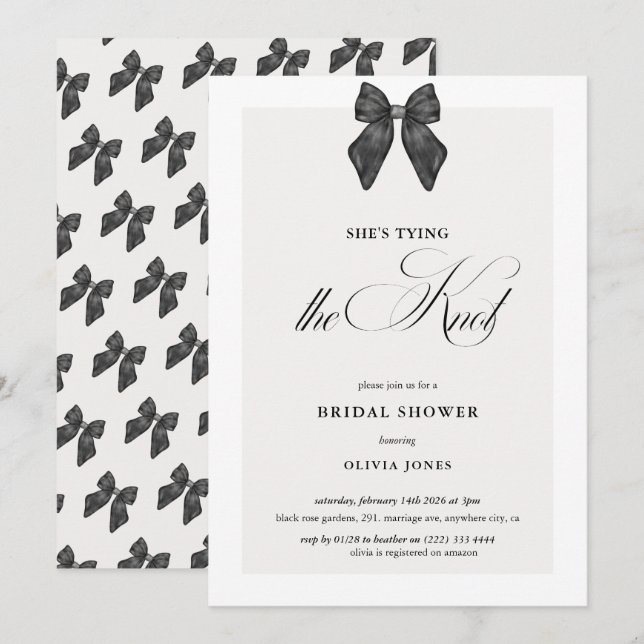 Chic 'She's Tying the Knot Black Bow Bridal Shower Invitation (Front/Back)
