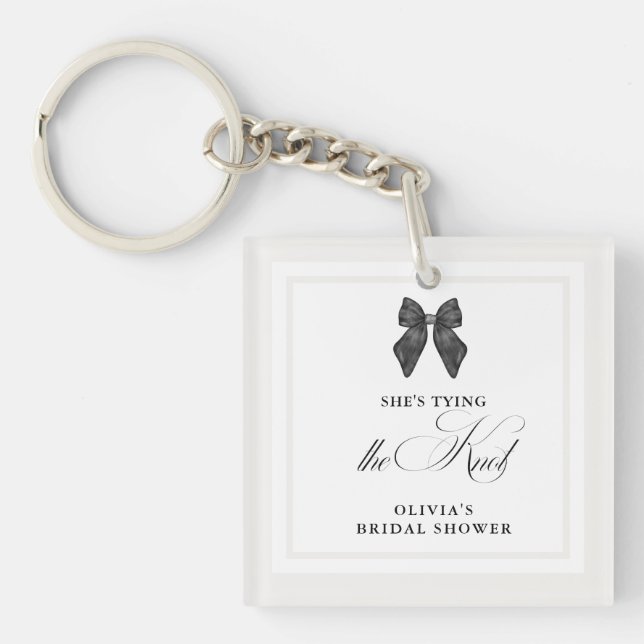 Chic 'She's Tying the Knot Black Bow Bridal Shower Key Ring (Front)
