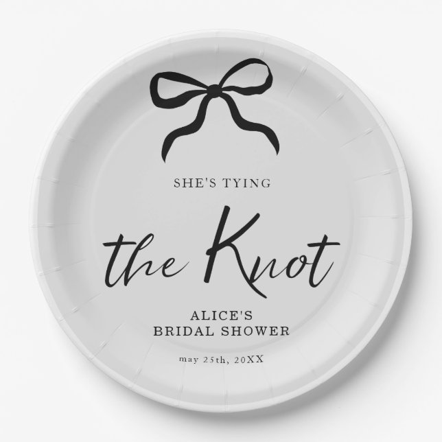 Chic She's Tying the Knot Black Bow Bridal Shower Paper Plate (Front)