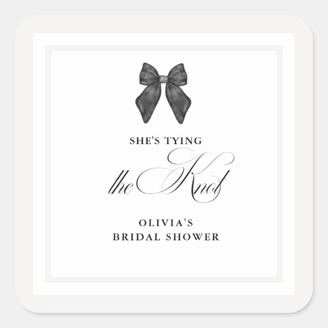 Chic 'She's Tying the Knot Black Bow Bridal Shower Square Sticker (Front)
