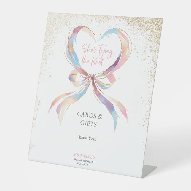 Chic She's Tying The Knot Pink Bow Advice & Wishes Pedestal Sign (Front)