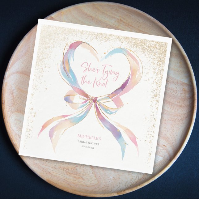 Chic She's Tying The Knot Pink Bow Bridal Shower  Napkin (pastel watercolor pink bow ribbon forming a heart shape with gold glitter details bridal shower)