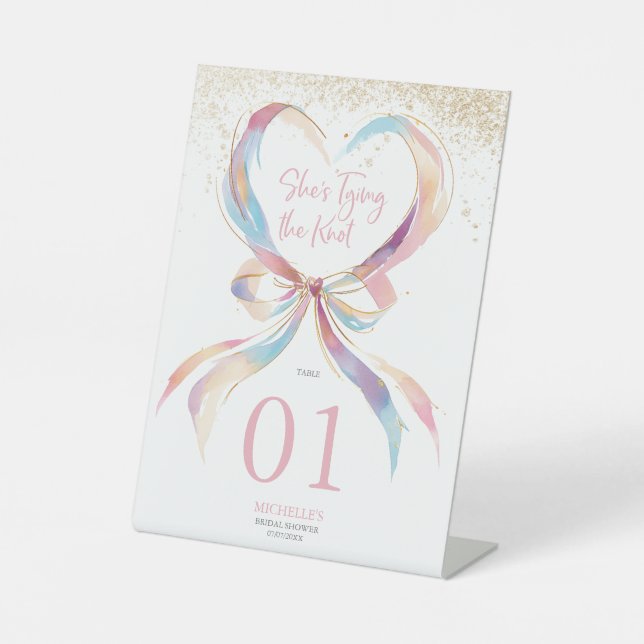 Chic She's Tying The Knot Pink Bow Bridal Shower  Pedestal Sign (Front)
