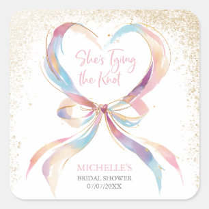 Chic She's Tying The Knot Pink Bow Bridal Shower  Square Sticker