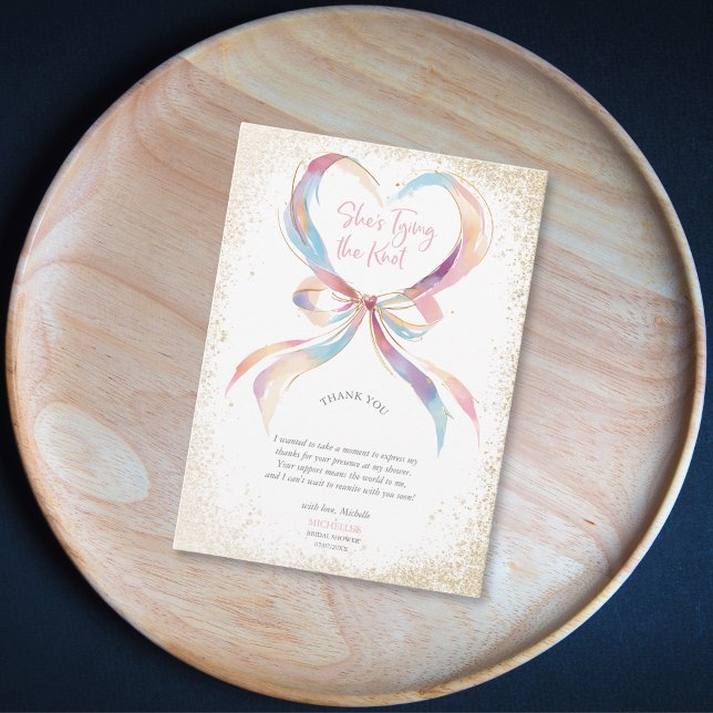 Chic She's Tying The Knot Pink Bow Thank You Card (pastel color bow ribbon in the heart shape)