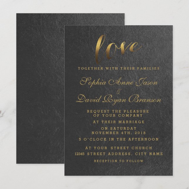Chic Shining Gold Foil Love Black Wedding Invite (Front/Back)