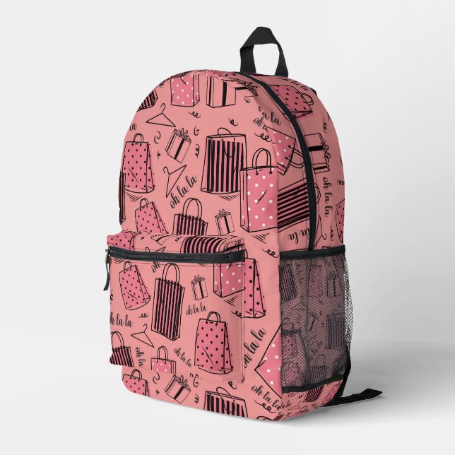 Chic Shopper – Pink with Boutique-Inspired Print  Printed Backpack (Back Corner Right)