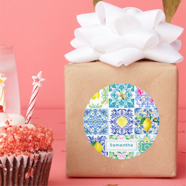 Chic Sicilian azulejo Amalfi Mediterranean tiles Classic Round Sticker (Party)