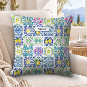 Chic Sicilian azulejo Amalfi Mediterranean tiles Cushion