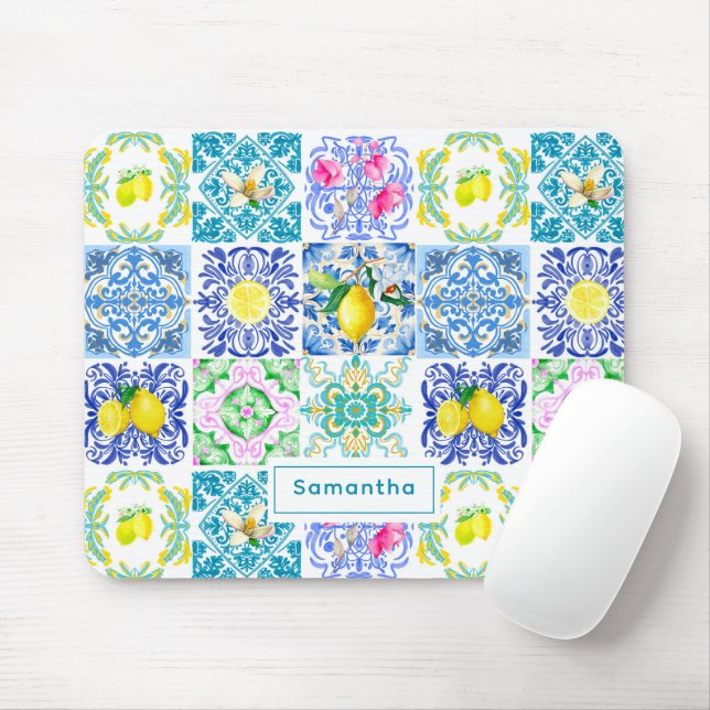 Chic Sicilian azulejo Amalfi Mediterranean tiles Mouse Mat (With Mouse)