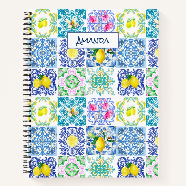 Chic Sicilian azulejo Amalfi Mediterranean tiles Notebook (Front)