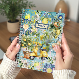 Chic Sicilian Blue Citrus Floral Tile Collage Notebook