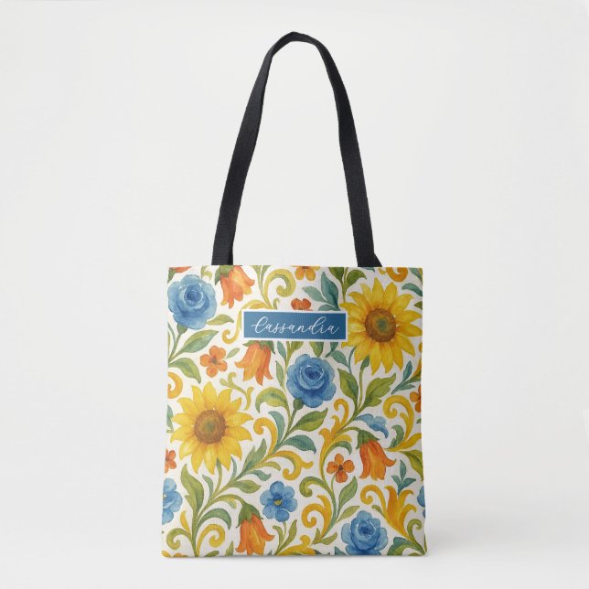 Chic Sicilian Colourful Leaves Floral Art Pattern Tote Bag (Front)