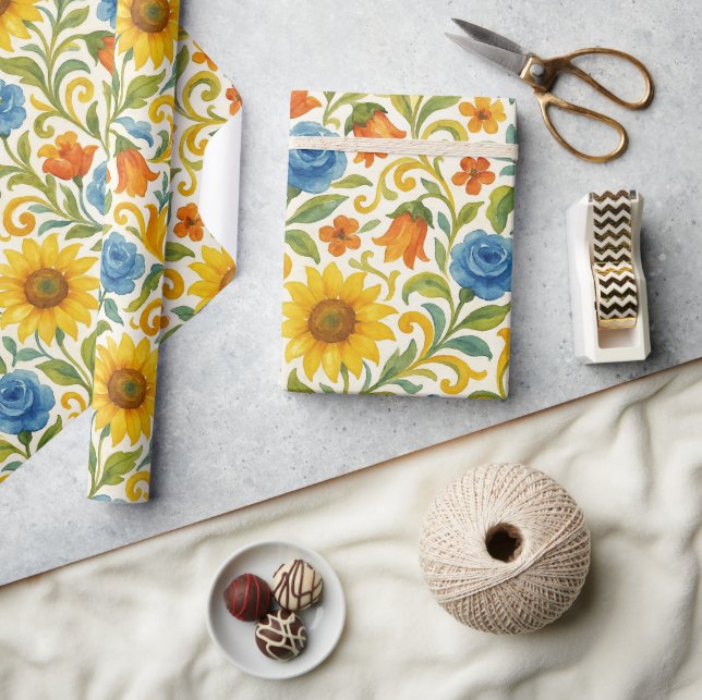 Chic Sicilian Colourful Leaves Floral Art Pattern Wrapping Paper (Crafts)