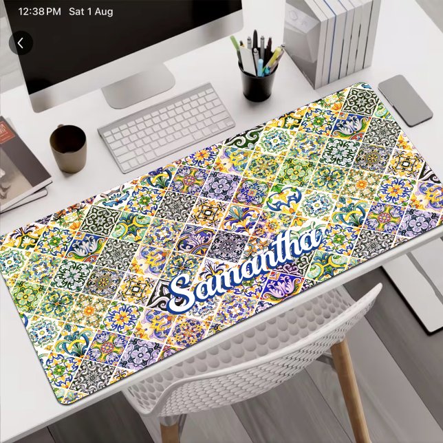 Chic Sicilian Mediterranean Green Tile Pattern Desk Mat (Creator Uploaded)