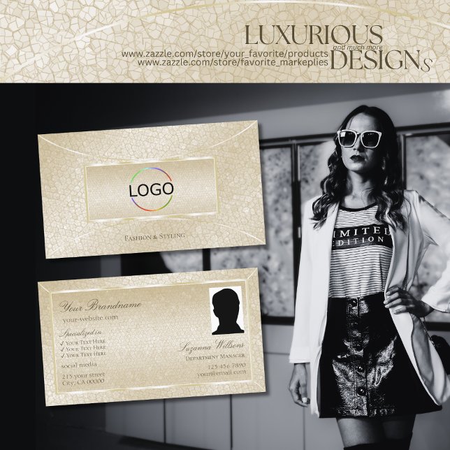Chic Silk Cream Snake Pattern with Logo and Photo Business Card (Creator Uploaded)
