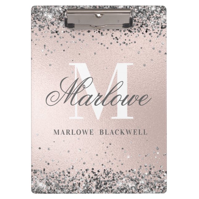 Chic Silver and Blush Pink Monogram Glitter Clipboard (Front)