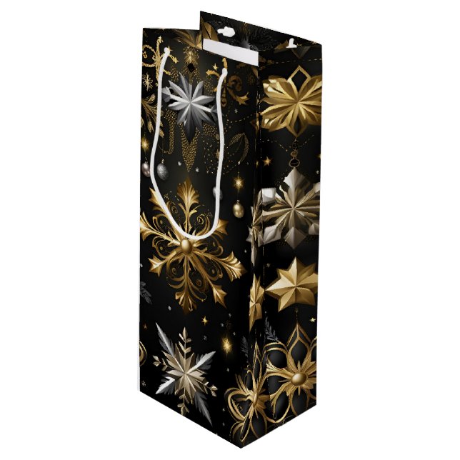 Chic Silver And Gold Snowflakes Wine Gift Bag (Front Angled)