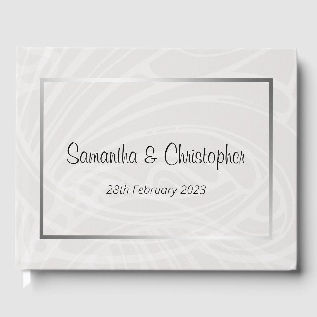 Chic Silver and Grey Damask Swirls Wedding Guest Book (Front)