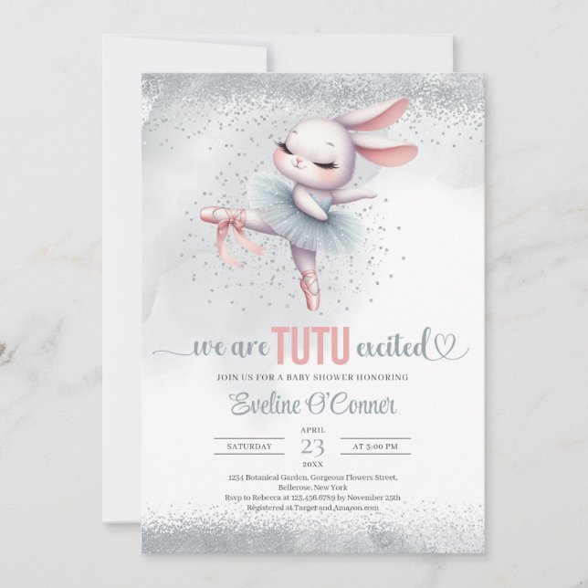 Chic silver and pink tutu dress bunny ballerina  invitation (Front)