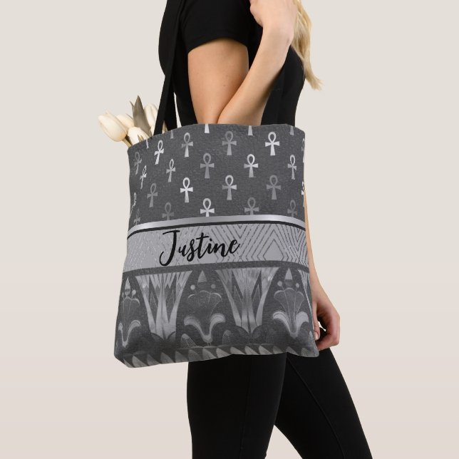 Chic Silver Ankh Cross Egyptian Lotus Personalised Tote Bag (Close Up)