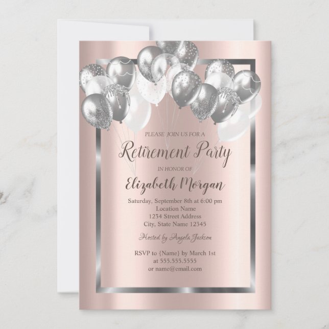 Chic Silver Balloons,Frame,Rose Gold,Retirement  Invitation (Front)