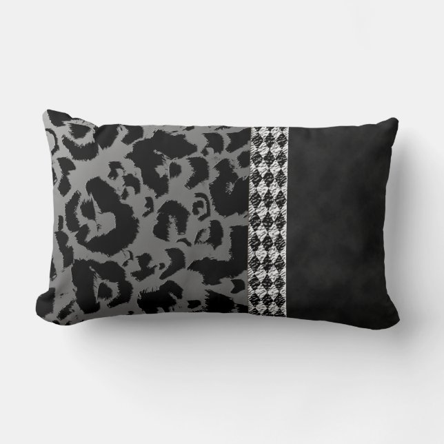 Chic Silver Black Leopard Print Suede Harlequin Lumbar Cushion (Front)
