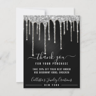Chic Silver Black Metallic Glitter Drips Discount Thank You Card