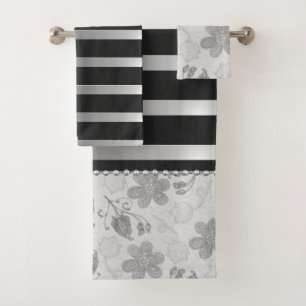 Chic Silver Black Stripes Floral Bath Towel Set
