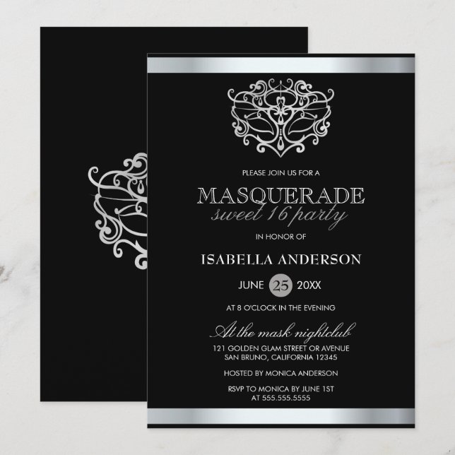 Chic Silver & Black Typography Masquerade Sweet 16 Invitation (Front/Back)