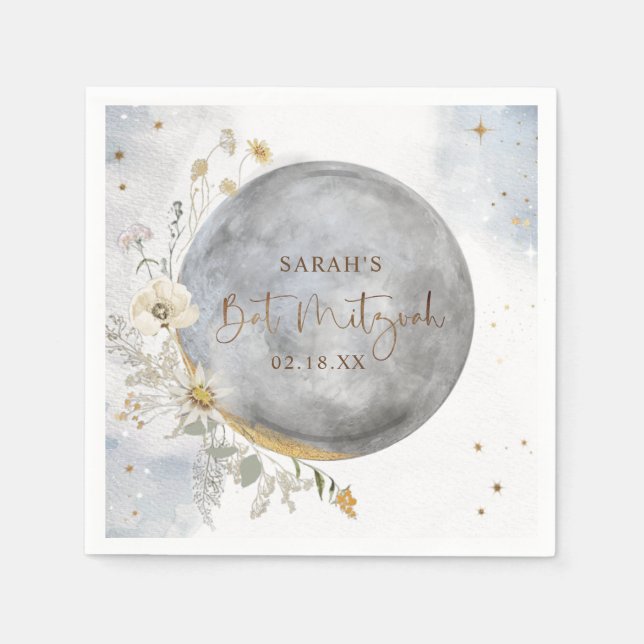 Chic Silver, Blue, Gold Celestial Moon Bat Mitzvah Napkin (Front)