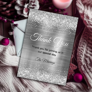 Chic Silver Brushed Metal Faux Glitter Thank You Card