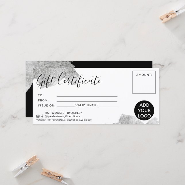 Chic silver brushstroke foil gift certificate logo (Front/Back In Situ)