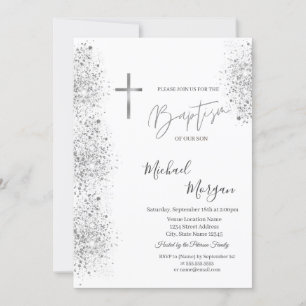 Chic Silver Cross Baptism Silver Glitter Confetti Invitation