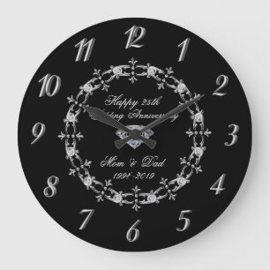 Chic Silver Diamonds 25th Wedding Anniversary Large Clock