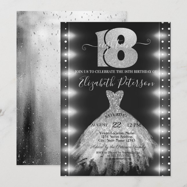 Chic Silver Dress Confetti Lights 18th Birthday  Invitation (Front/Back)