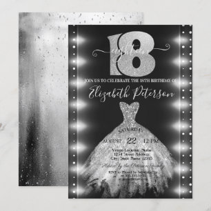 Chic Silver Dress Confetti Lights 18th Birthday Invitation