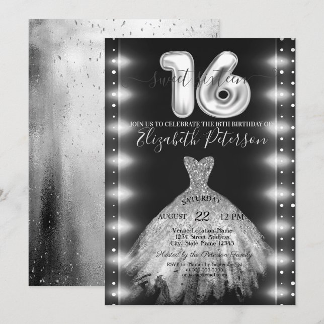 Chic Silver Dress Confetti Lights Sweet 16 Invitation (Front/Back)