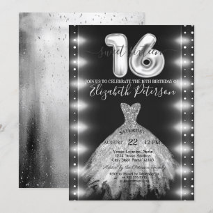 Chic Silver Dress Confetti Lights Sweet 16 Invitation