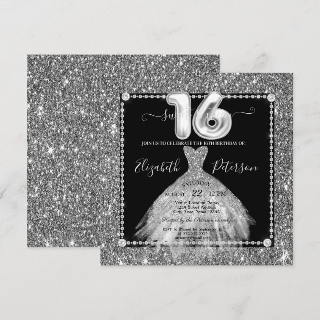 Chic Silver Dress Glitter Diamonds Sweet 16 Invitation (Front/Back)