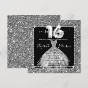 Chic Silver Dress Glitter Diamonds Sweet 16 Invitation