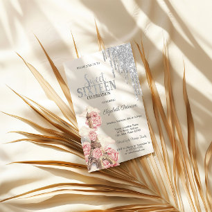 Chic Silver Drips,Eiffel Tower Peonies Sweet 16 Invitation