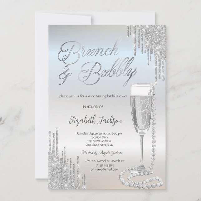 Chic Silver Drips Pearls Prosecco Bridal Shower  Invitation (Front)
