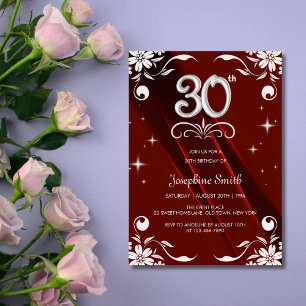 Chic Silver Floral Frame Burgundy 30th Birthday Invitation