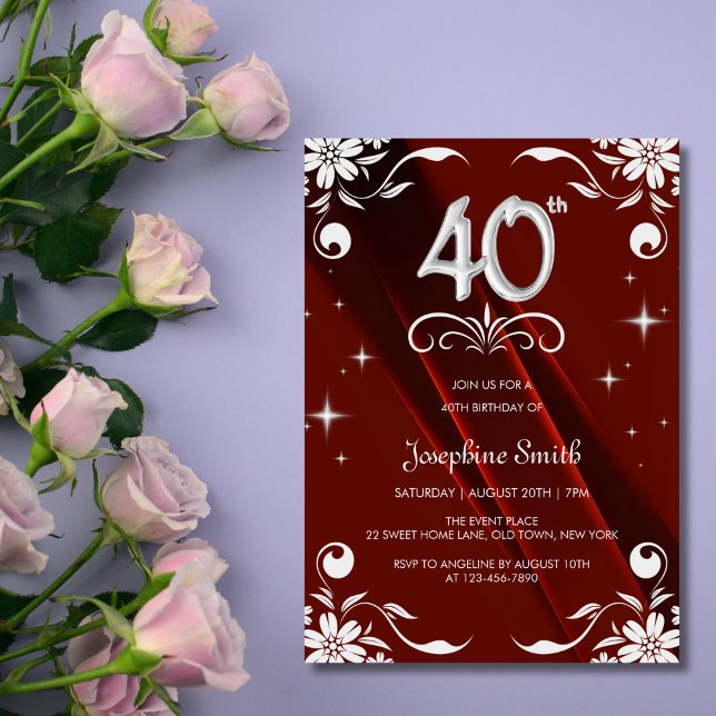 Chic Silver Floral Frame Burgundy 40th Birthday Invitation (Creator Uploaded)