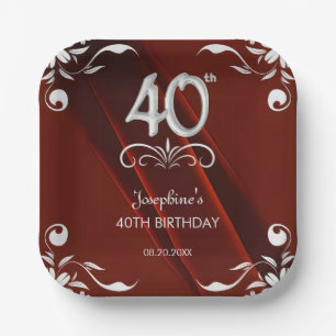 Chic Silver Floral Frame Burgundy 40th Birthday Paper Plate