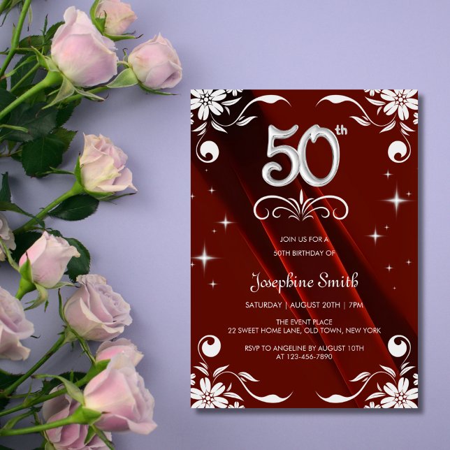 Chic Silver Floral Frame Burgundy 50th Birthday Invitation (Creator Uploaded)